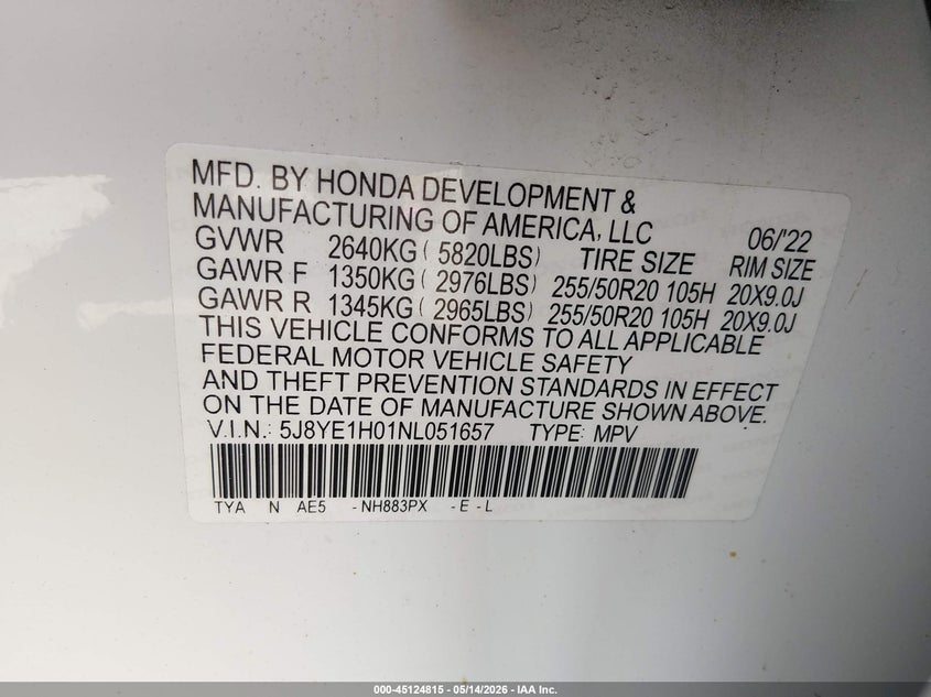 2022 Acura Mdx A-Spec Package VIN: 5J8YE1H01NL051657 Lot: 45124815