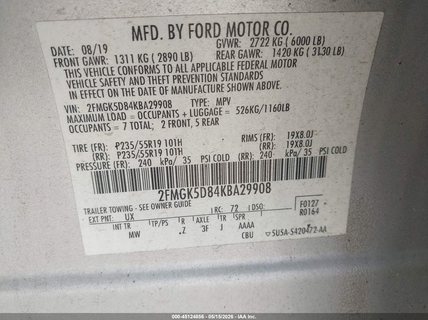 2019 Ford Flex Limited VIN: 2FMGK5D84KBA29908 Lot: 45124856