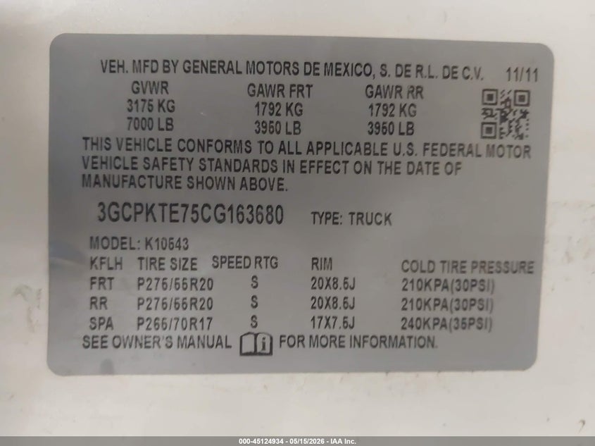 2012 Chevrolet Silverado 5.3 1500 Ltz white Lot 111045124934 Vin 3GCPKTE75CG163680
