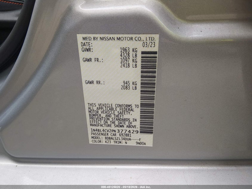 VIN 1N4BL4CV2PN377429 2023 NISSAN ALTIMA SR FWD