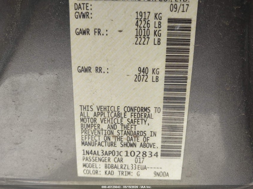 VIN 1N4AL3AP0JC102834 2018 NISSAN ALTIMA 2.5 SL