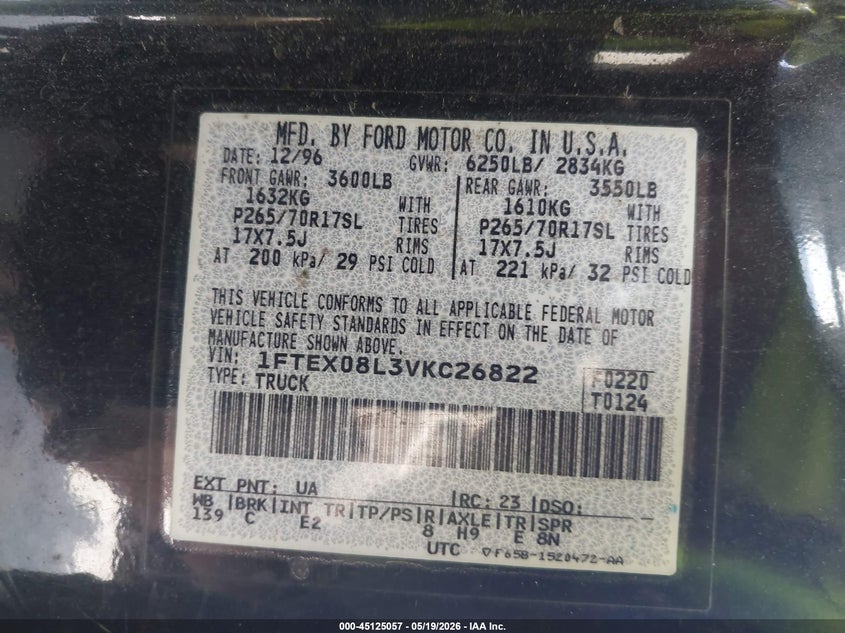 1997 Ford F-150 Lariat/Xl/Xlt VIN: 1FTEX08L3VKC26822 Lot: 45125057