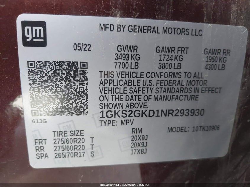 2022 GMC Yukon Xl 4Wd Slt VIN: 1GKS2GKD1NR293930 Lot: 45125144