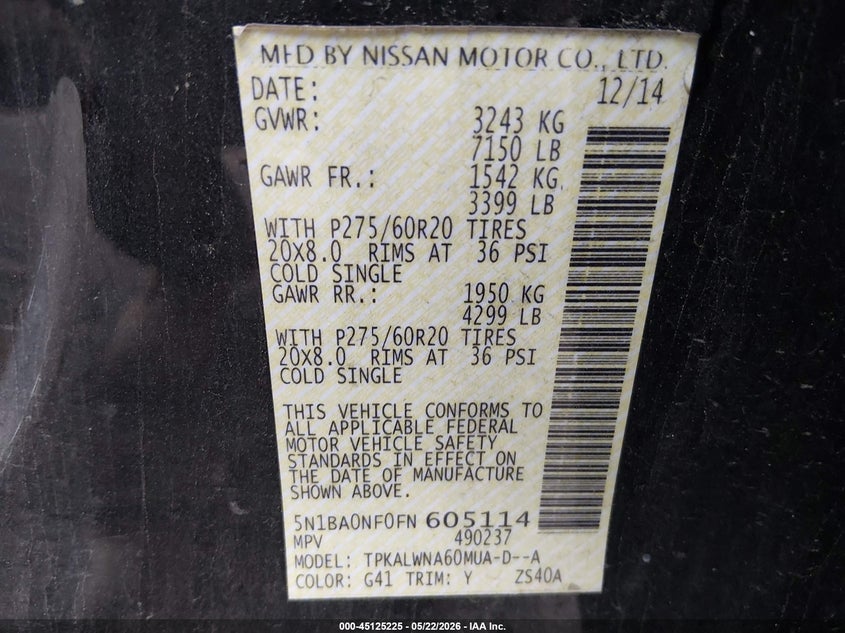 2015 Nissan Armada Platinum VIN: 5N1BA0NF0FN605114 Lot: 45125225