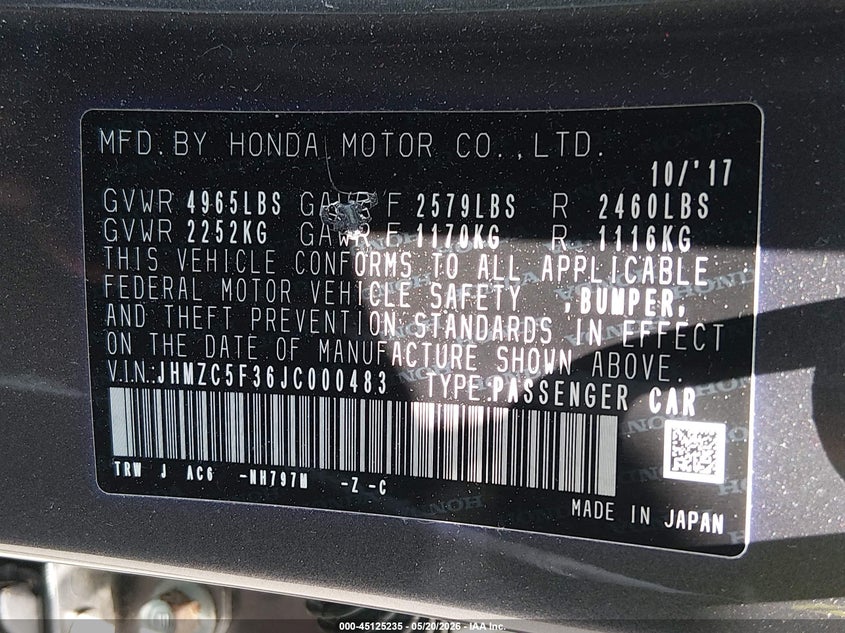 2018 Honda Clarity Plug-In Hybrid Touring VIN: JHMZC5F36JC000483 Lot: 45125235