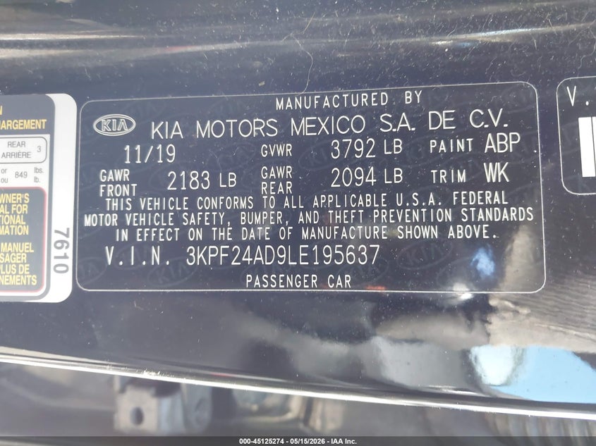 VIN 3KPF24AD9LE195637 2020 KIA FORTE LXS