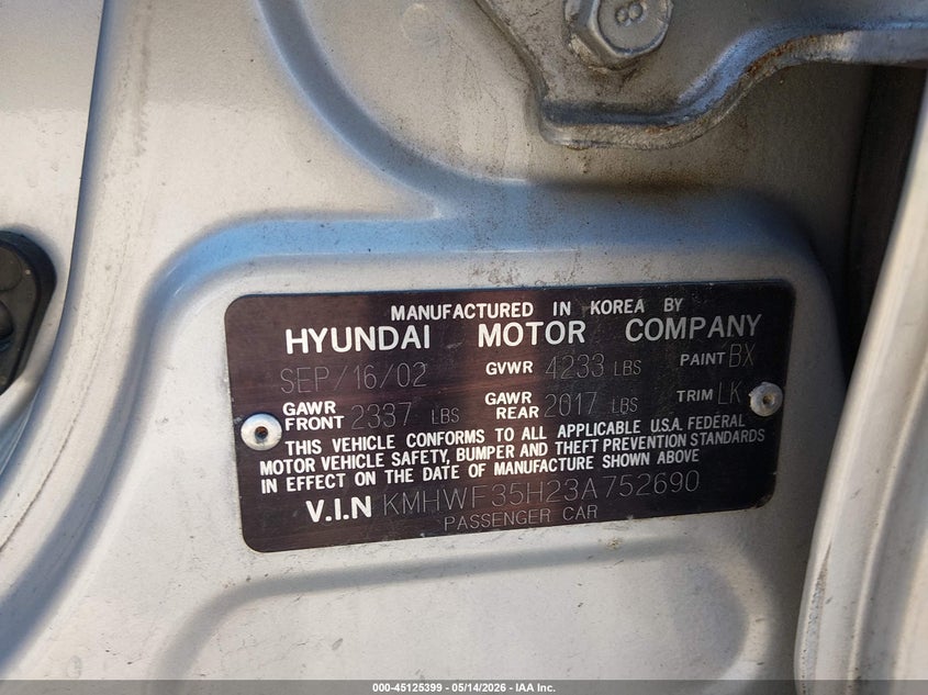 2003 Hyundai Sonata Gls/Lx VIN: KMHWF35H23A752690 Lot: 45125399
