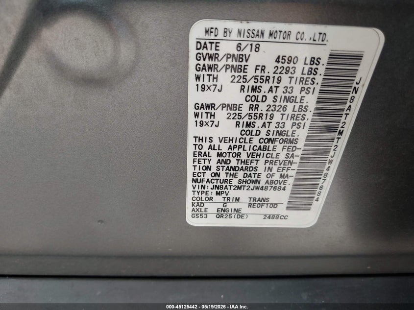 VIN JN8AT2MT2JW487684 2018 NISSAN ROGUE SL
