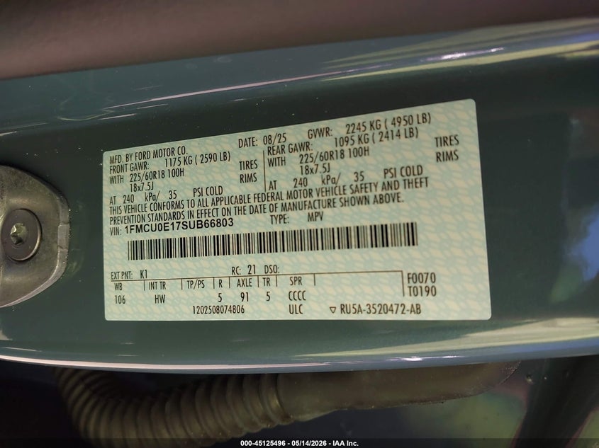VIN 1FMCU0E17SUB66803 2025 FORD ESCAPE PHEV