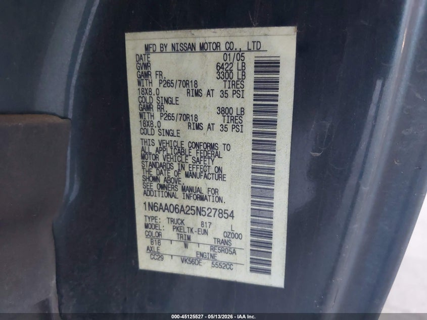 2005 Nissan Titan Se VIN: 1N6AA06A25N527854 Lot: 45125527