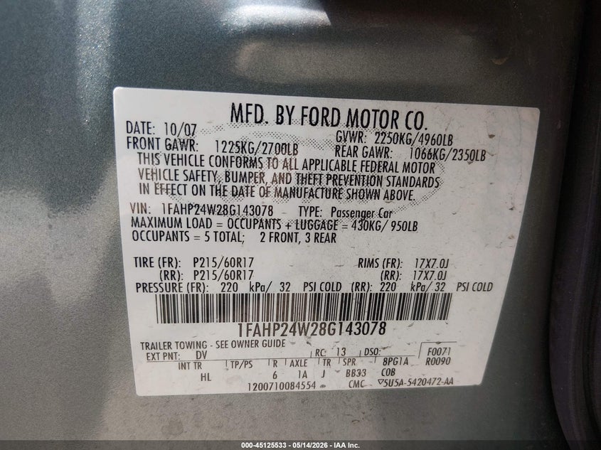 2008 Ford Taurus Sel VIN: 1FAHP24W28G143078 Lot: 45125533