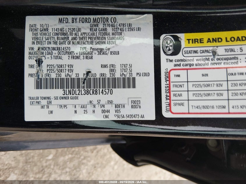 2012 LINCOLN MKZ SEDAN 2.5L I-4 DOHC, VVT, 156HP