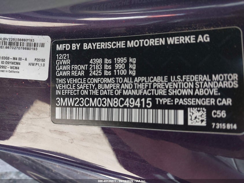 2022 BMW 230 I VIN: 3MW23CM03N8C49415 Lot: 45125577