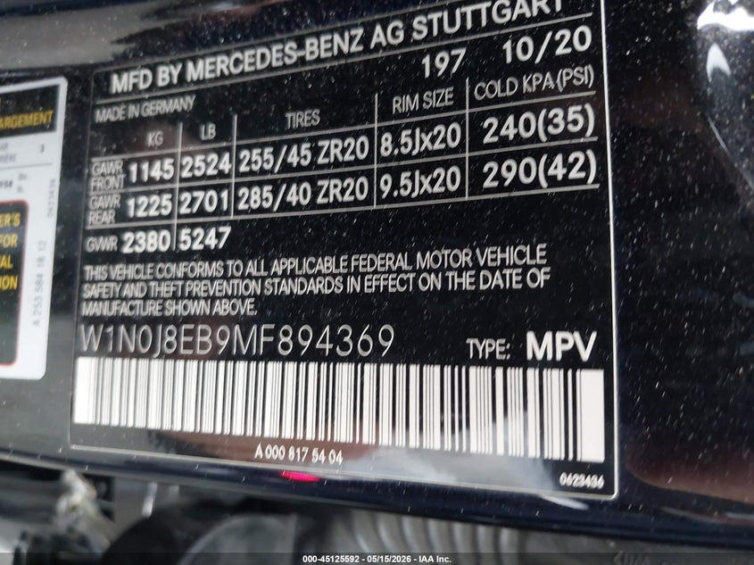 2021 MERCEDES-BENZ GLC 300 2.0L I-4 DI, DOHC, V(VIN: W1N0J8EB9MF894369