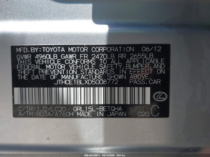 2013 Lexus Gs 350 VIN: JTHCE1BLXD5008772 Lot: 45125671