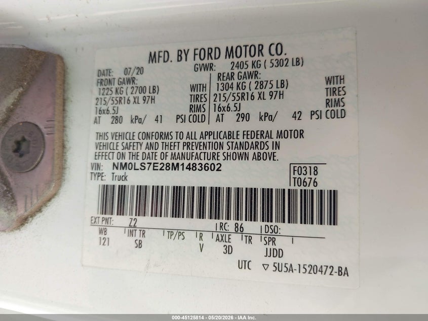 VIN NM0LS7E28M1483602 2021 FORD TRANSIT CONNECT XL