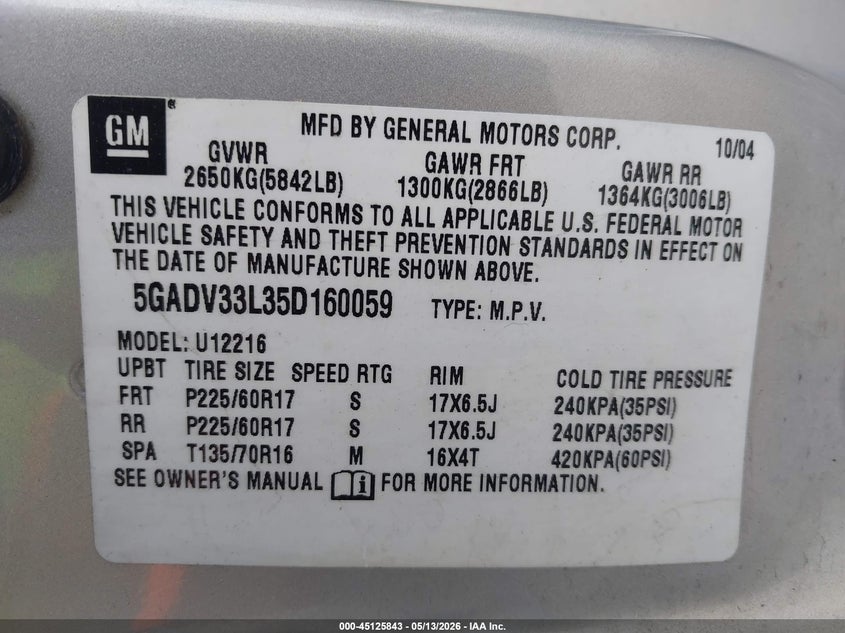 2005 Buick Terraza Cxl VIN: 5GADV33L35D160059 Lot: 45125843