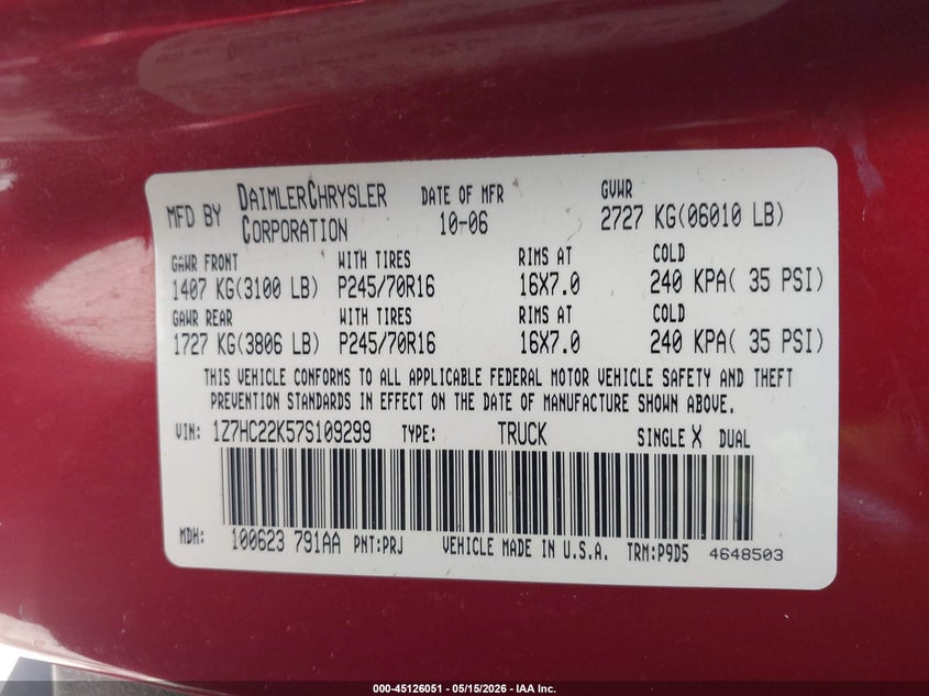 2007 Mitsubishi Raider Ls VIN: 1Z7HC22K57S109299 Lot: 45126051