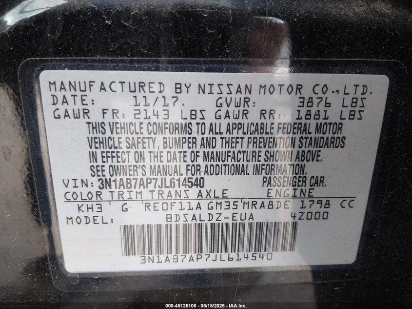 VIN 3N1AB7AP7JL614540 2018 NISSAN SENTRA SV