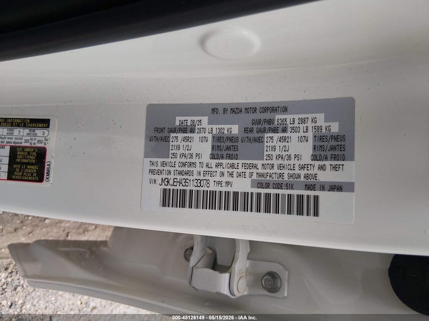 2025 Mazda Cx-70 Phev Premium Plus Package VIN: JM3KJEHA3S1133078 Lot: 45126149