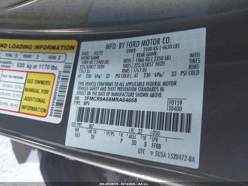2021 Ford Bronco Sport VIN: 3FMCR9A68MRA64668 Lot: 45126178
