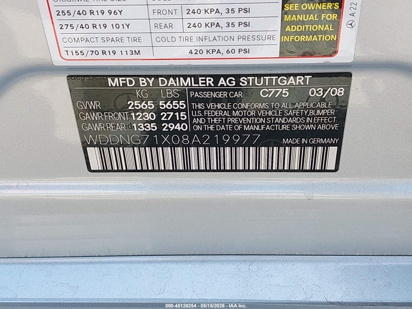 2008 Mercedes-Benz S 550 VIN: WDDNG71X08A219977 Lot: 45126254