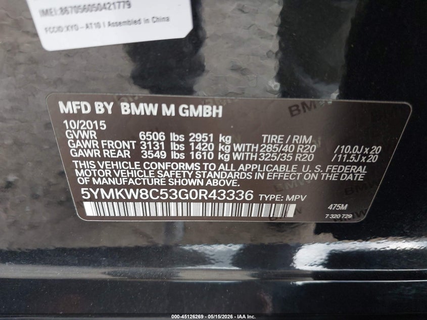2016 BMW X6 M VIN: 5YMKW8C53G0R43336 Lot: 45126269