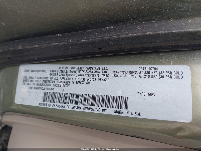 2005 Subaru Outback 2.5I VIN: 4S4BP61C257325386 Lot: 45126275