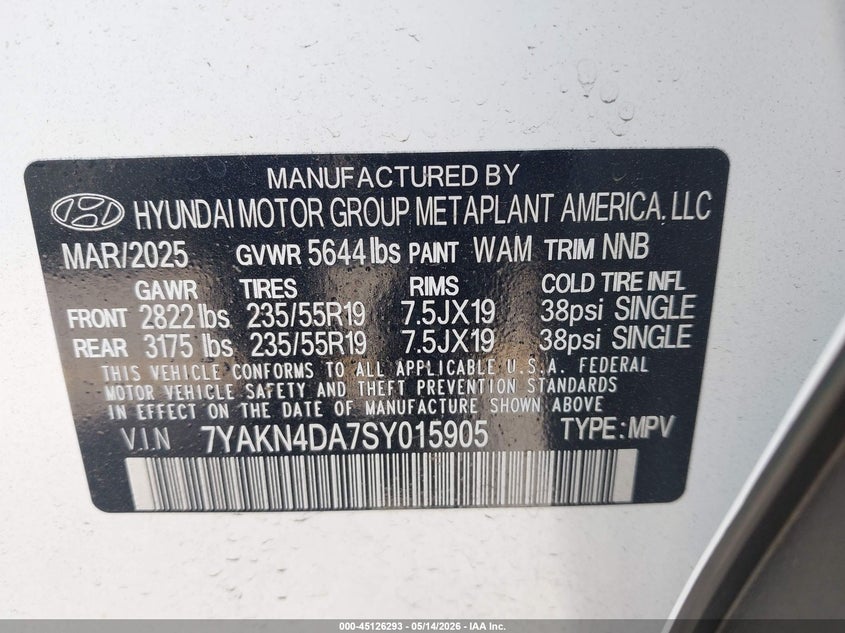 2025 Hyundai Ioniq 5 Sel VIN: 7YAKN4DA7SY015905 Lot: 45126293