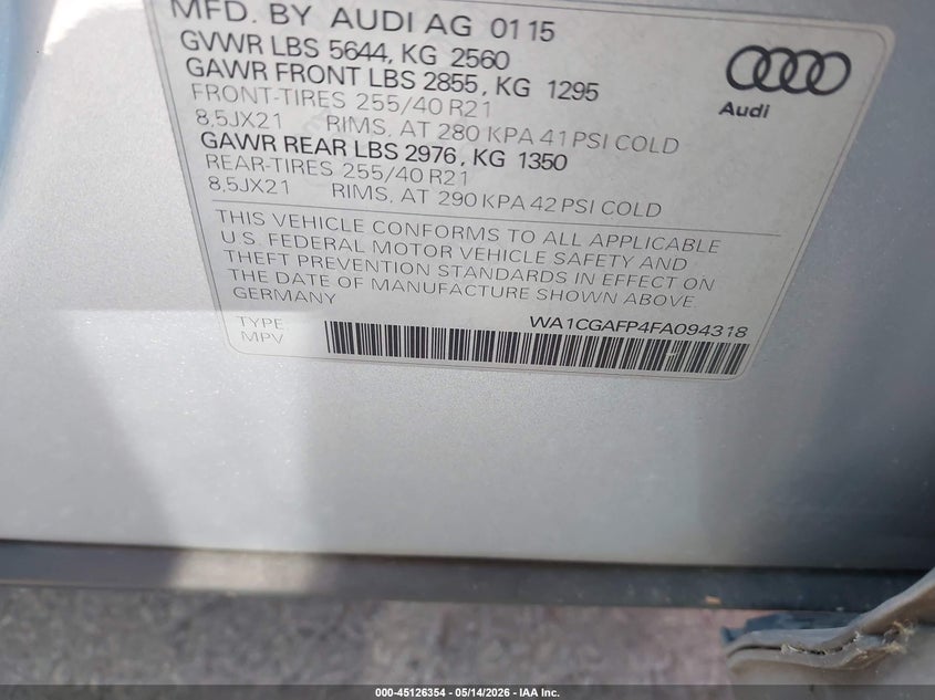 2015 Audi Sq5 3.0T Premium Plus VIN: WA1CGAFP4FA094318 Lot: 45126354