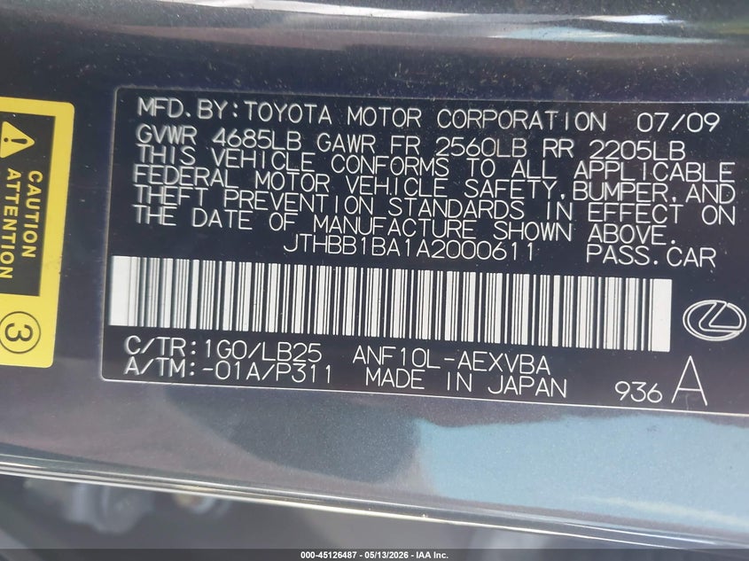 2010 Lexus Hs 250H VIN: JTHBB1BA1A2000611 Lot: 45126487