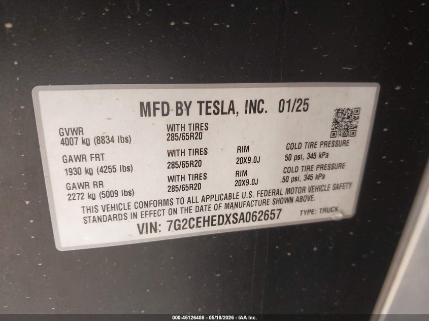 2025 Tesla Cybertruck All-Wheel Drive VIN: 7G2CEHEDXSA062657 Lot: 45126488