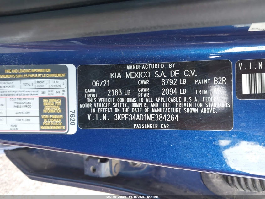 VIN 3KPF34AD1ME384264 2021 KIA FORTE GT-LINE