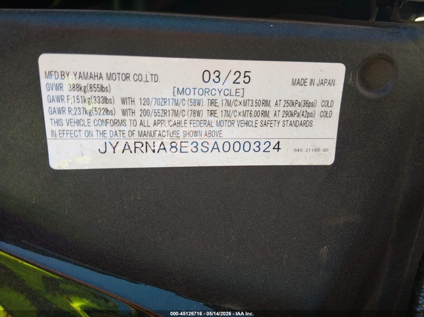 2025 Yamaha Yzf1000 D VIN: JYARNA8E3SA000324 Lot: 45126716