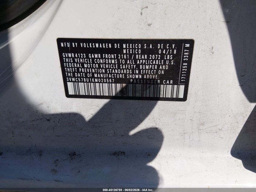 VIN 3VWC57BU1KM020567 2019 VOLKSWAGEN JETTA 1.4T R-LINE/1.4T S/1.4T SE