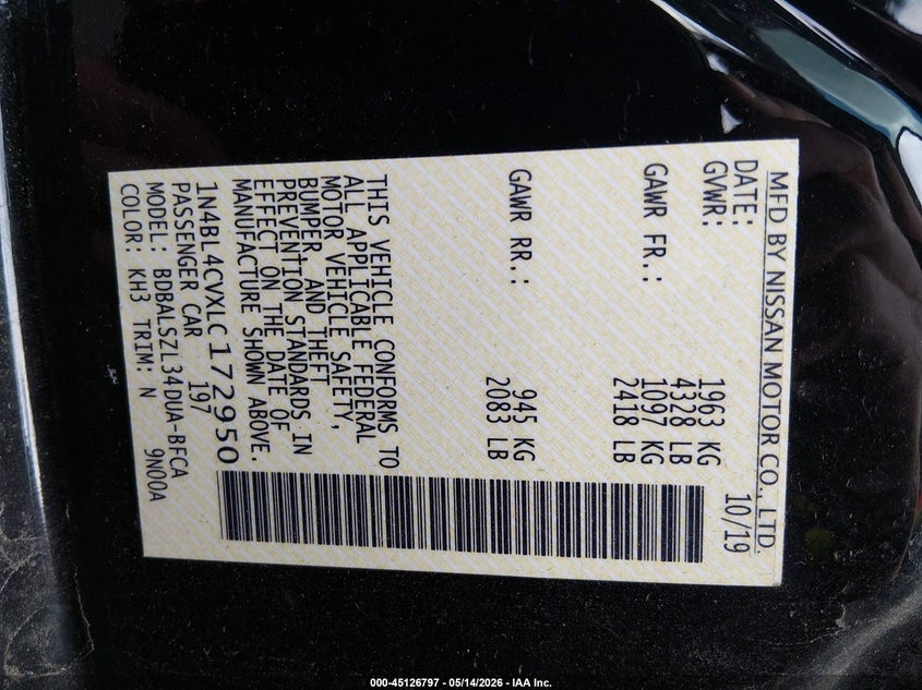 VIN 1N4BL4CVXLC172950 2020 NISSAN ALTIMA SR FWD