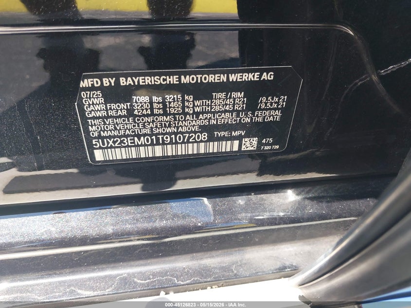 2026 BMW X7 xDrive40I VIN: 5UX23EM01T9107208 Lot: 45126823
