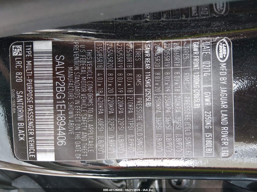 2014 Land Rover Range Rover Evoque Pure VIN: SALVP2BG1EH894406 Lot: 45126855