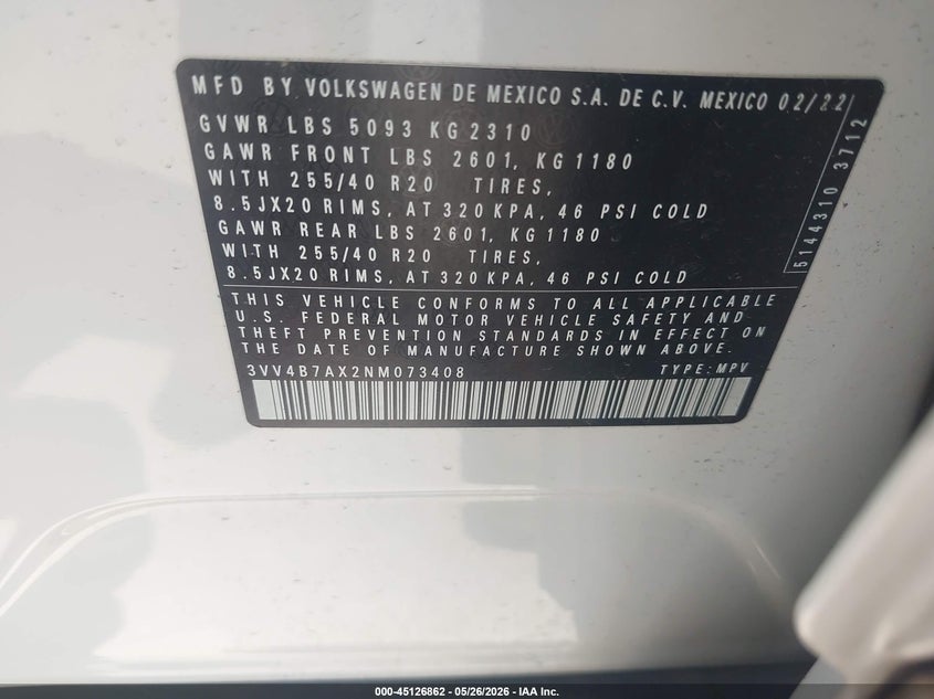 2022 VOLKSWAGEN TIGUAN 2.0L I-4 DI, DOHC, V(VIN: 3VV4B7AX2NM073408