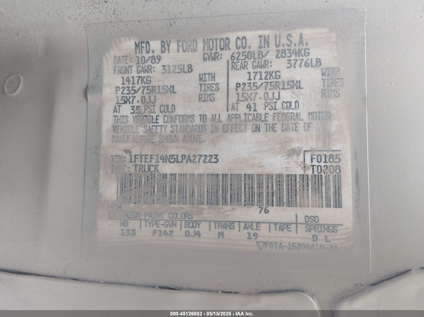 FORD F150 1990 VIN 1FTEF14N5LPA27223