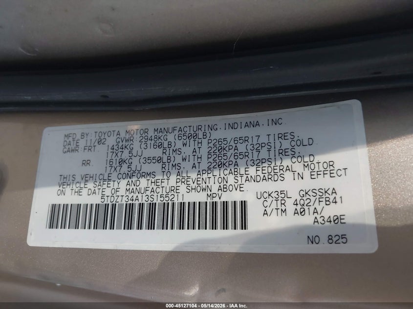 2003 Toyota Sequoia Sr5 V8 VIN: 5TDZT34A13S155211 Lot: 45127104