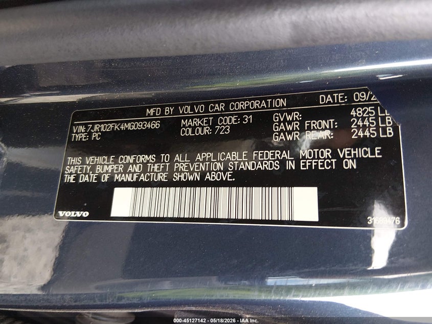 2021 Volvo S60 T5 Momentum VIN: 7JR102FK4MG093466 Lot: 45127142