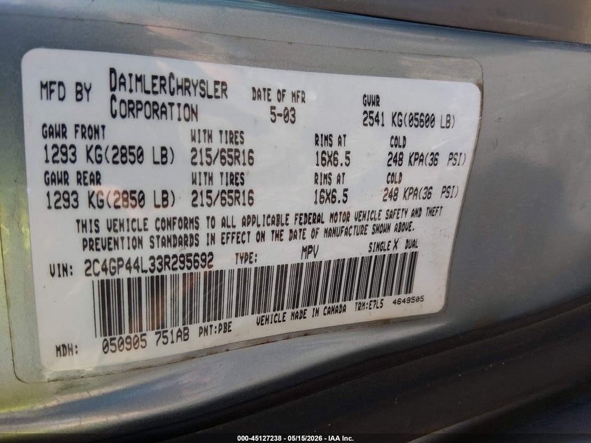 2003 Chrysler Town & Country Lx VIN: 2C4GP44L33R295692 Lot: 45127238