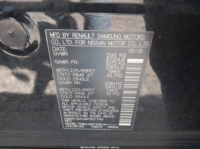 VIN KNMAT2MV3KP557749 2019 NISSAN ROGUE SV