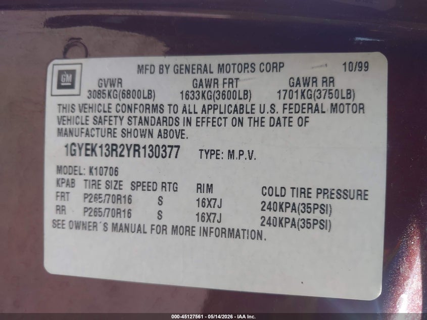 2000 Cadillac Escalade Standard VIN: 1GYEK13R2YR130377 Lot: 45127561