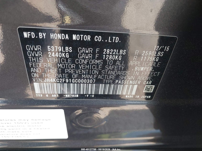 2016 Acura Rlx Sport Hybrid Advance Package VIN: JH4KC2F91GC000307 Lot: 45127788