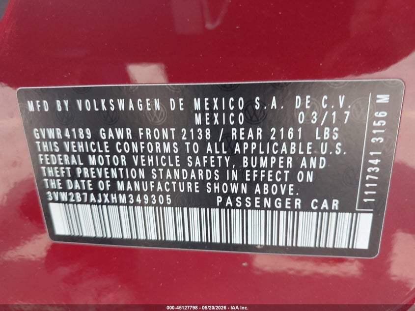 2017 VOLKSWAGEN JETTA SEDAN 1.4L I-4 DI, DOHC, VVT, TURBO, 150HP