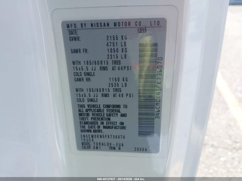 2015 Nissan Nv200 S VIN: 3N6CM0KN5FK736070 Lot: 45127827