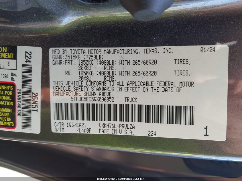 VIN 5TFJC5EC3RX006052 2024 TOYOTA TUNDRA HYBRID LIMITED 4WD