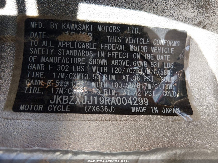 2024 Kawasaki Zx636 K VIN: JKBZXJJ19RA004299 Lot: 45127894